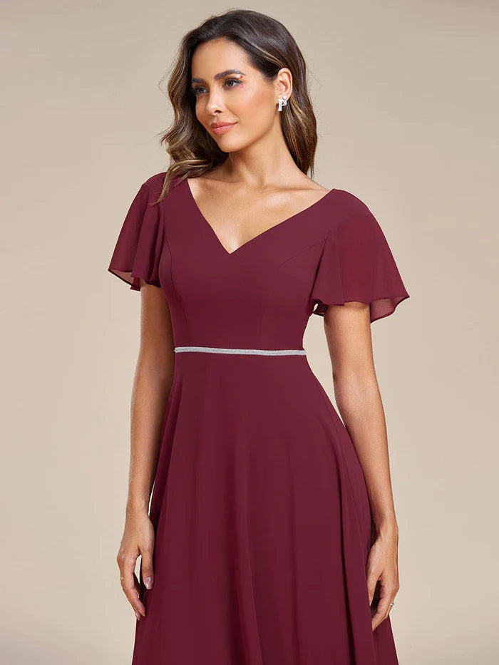 Flowy High-low Chiffon Ruffle Sleeves Bridesmaid Dress