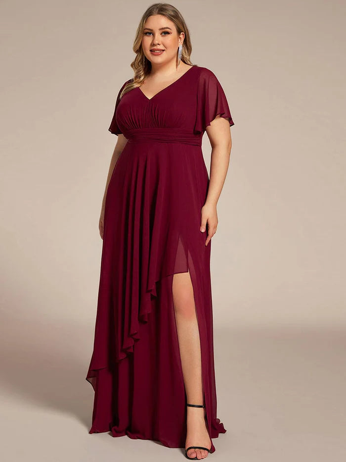 Plus Size High Slit Louts Leaf Empire Waist Chiffon Evening Dress