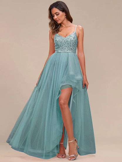 Spaghetti Strap Sequin Top A-Line High Low Tulle Evening Dress