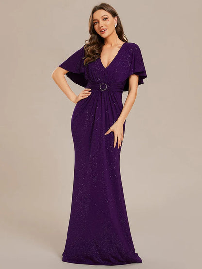 Glittery V-Neck Pleated Bat-Wing Sleeve Bodycon Waist-Cinching Evening Dress