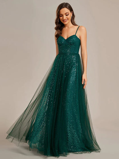 Spaghetti Straps Illusion Sleeveless A-Line Sequin Evening Dress with Tulle Cover