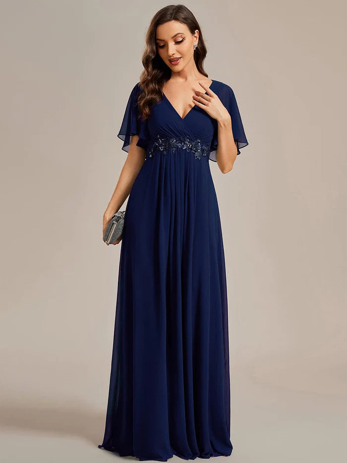 Ruffles Sleeve A-Line Chiffon Waist Applique Maxi Evening Dress