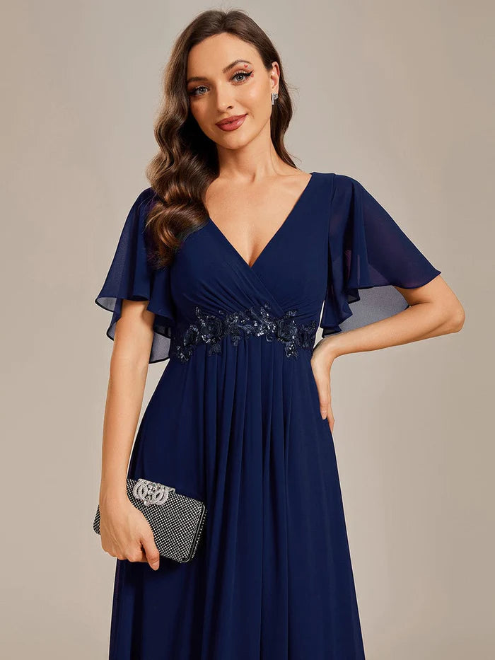 Ruffles Sleeve A-Line Chiffon Waist Applique Maxi Evening Dress