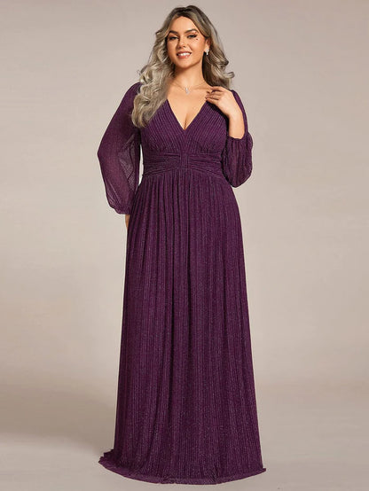 Plus Size Dazzling Empire Waist See-Through Long Sleeves A-Line Evening Dress