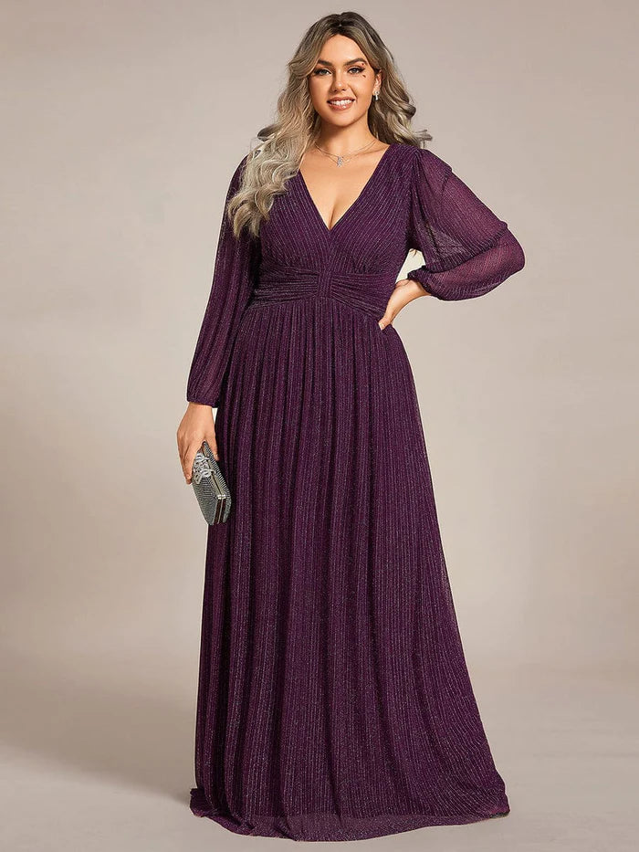 Plus Size Dazzling Empire Waist See-Through Long Sleeves A-Line Evening Dress