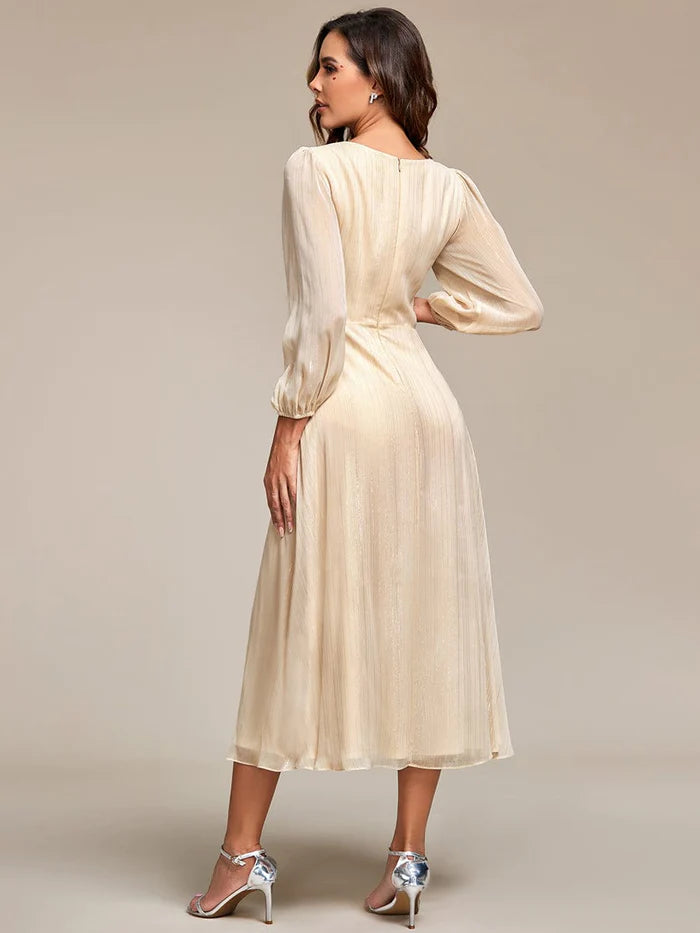 See-Through Long Sleeve Twist Knot A-Line Lotus Leaf Shimmering Evening Dress