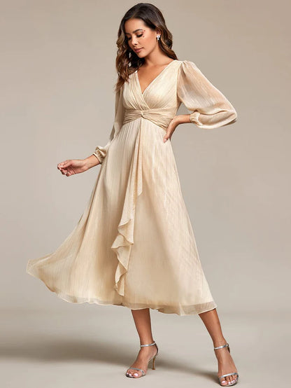 See-Through Long Sleeve Twist Knot A-Line Lotus Leaf Shimmering Evening Dress