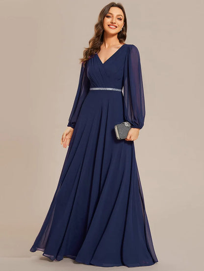 Pleated Double V-Neck Long Sleeves Shiny Belt Chiffon Evening Dress