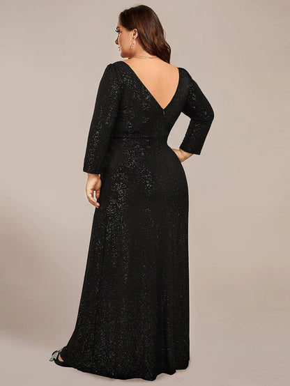 Plus Size Sparkling Long Sleeves Double V-Neck Sequin Evening Dress