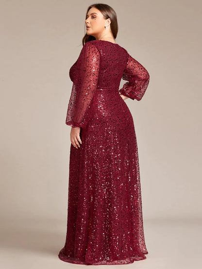 Plus Size V-Neck Lantern Long Sleeve Sequin A-Line Evening Dress