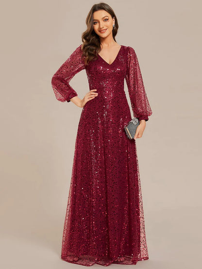 Shimmering All Over V-Neck Long Lantern Sleeve Sequin A-Line Evening Dress