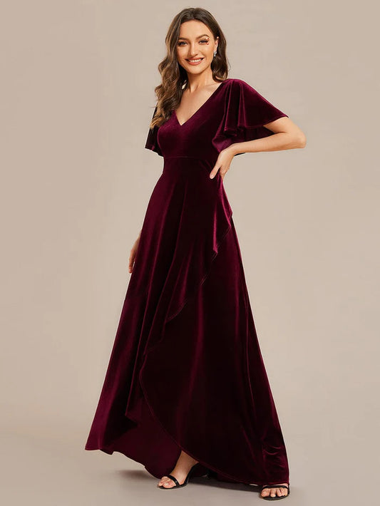 Double V-Neck Short Sleeves Stretchy Velvet Evening Dress with Lotus Leaf Hem