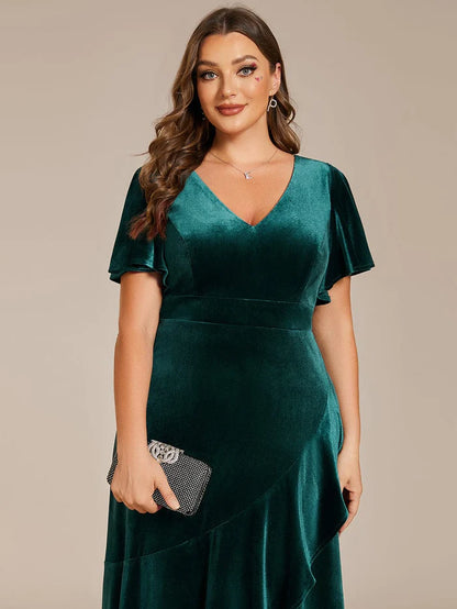 Plus Size Lotus Leaf Hem A-Line V-Neck Ruffles Sleeve Velvet Evening Dress