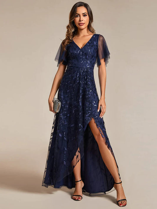 Short Sleeves Sequin High Low V-Neck Midi Formal Evening Dress