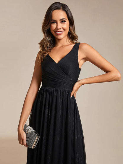 Floor Length V-Neck Sleeveless Glitter A-Line Evening Formal Dress