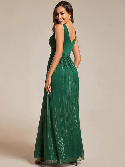 Floor Length V-Neck Sleeveless Glitter A-Line Evening Formal Dress