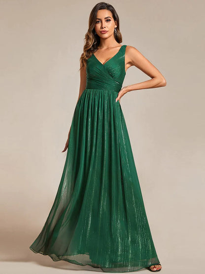 Floor Length V-Neck Sleeveless Glitter A-Line Evening Formal Dress