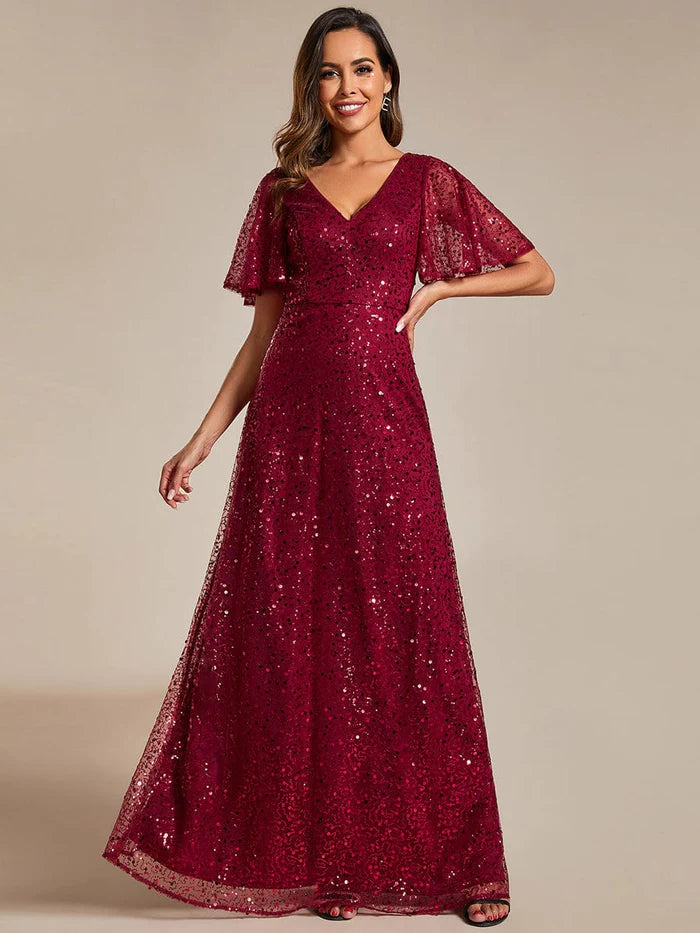 Shimmering All Over Sequin Short Sleeves A-Line Formal Evening Dress