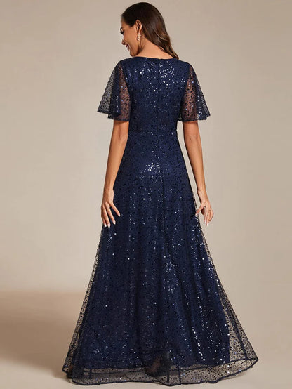 Shimmering All Over Sequin Short Sleeves A-Line Formal Evening Dress