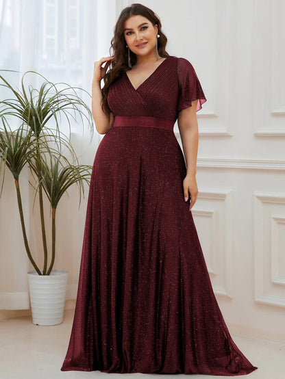 Plus Size V Neck Ribbon Waist Formal Evening Dress With Sleeves