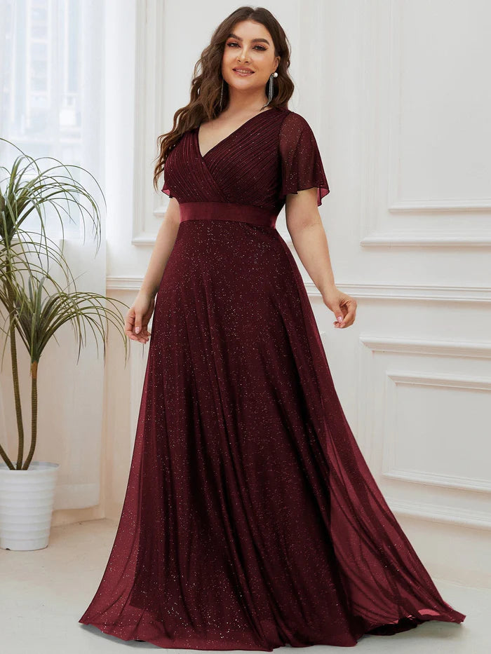 Plus Size V Neck Ribbon Waist Formal Evening Dress With Sleeves