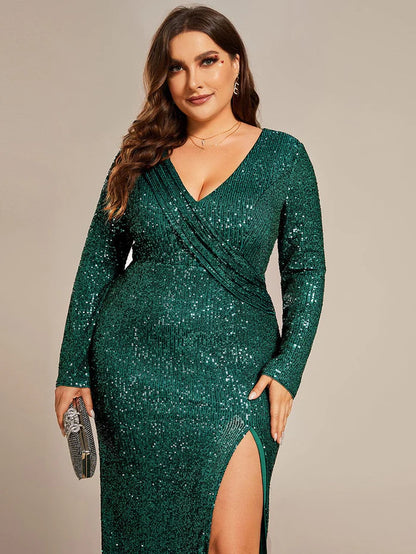 Plus Size Dazzling Sequin V-Neck Long Sleeves Bodycon High Slit Evening Dress