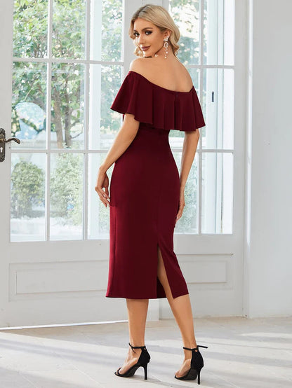 Off The Shoulder Bodycon Tea Length Wedding Guest Dress