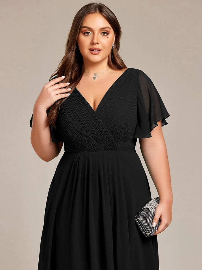 Plus Size Double V-Neck Ruffles Sleeve Chiffon Midi Wedding Guest Dress