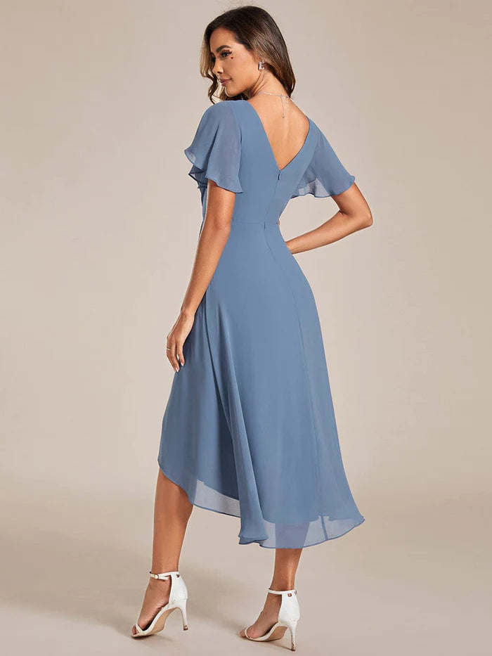 Chic V Neck Asymmetrical Hem Ruffles Sleeve Pleated Chiffon Wedding Guest Dress