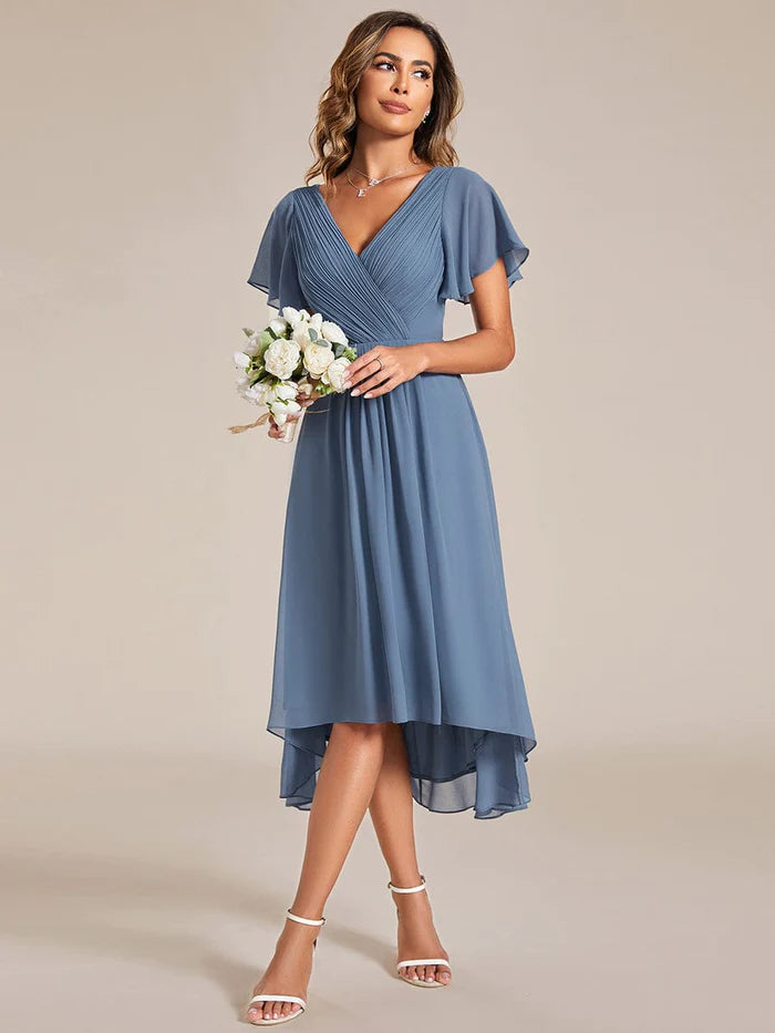 Chic V Neck Asymmetrical Hem Ruffles Sleeve Pleated Chiffon Wedding Guest Dress