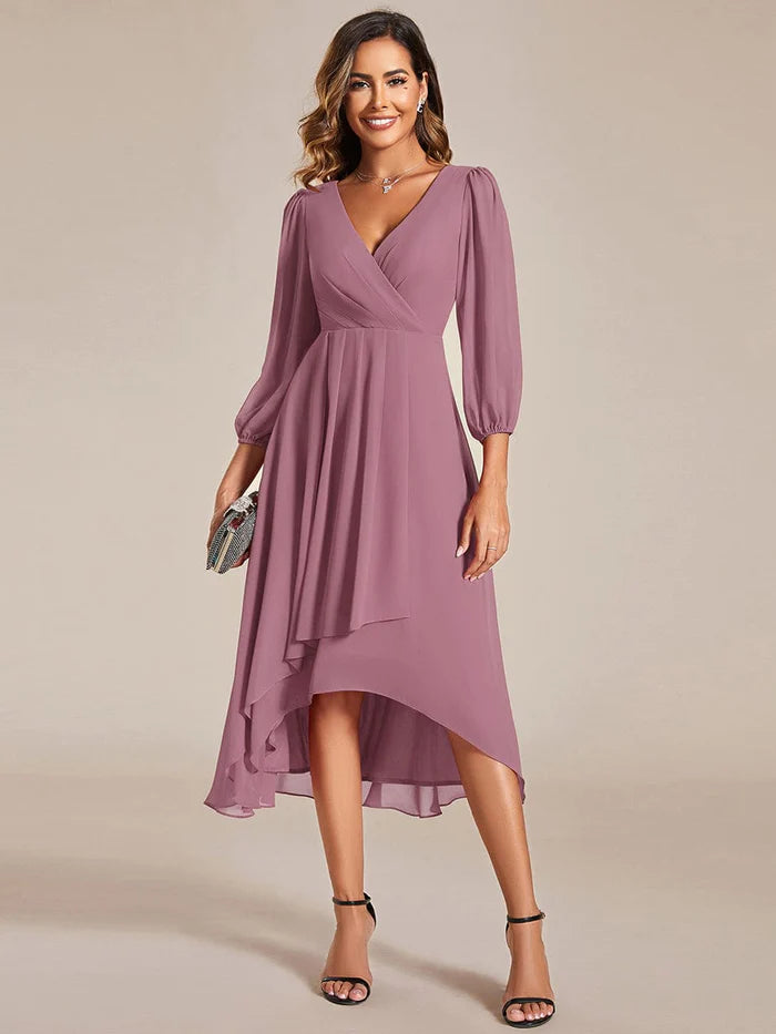 See-Through Long Sleeves V-Neck A-Line Chiffon Wedding Guest Dress