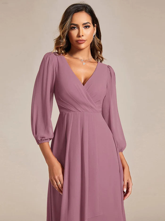 See-Through Long Sleeves V-Neck A-Line Chiffon Wedding Guest Dress