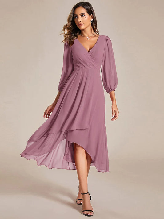 See-Through Long Sleeves V-Neck A-Line Chiffon Wedding Guest Dress