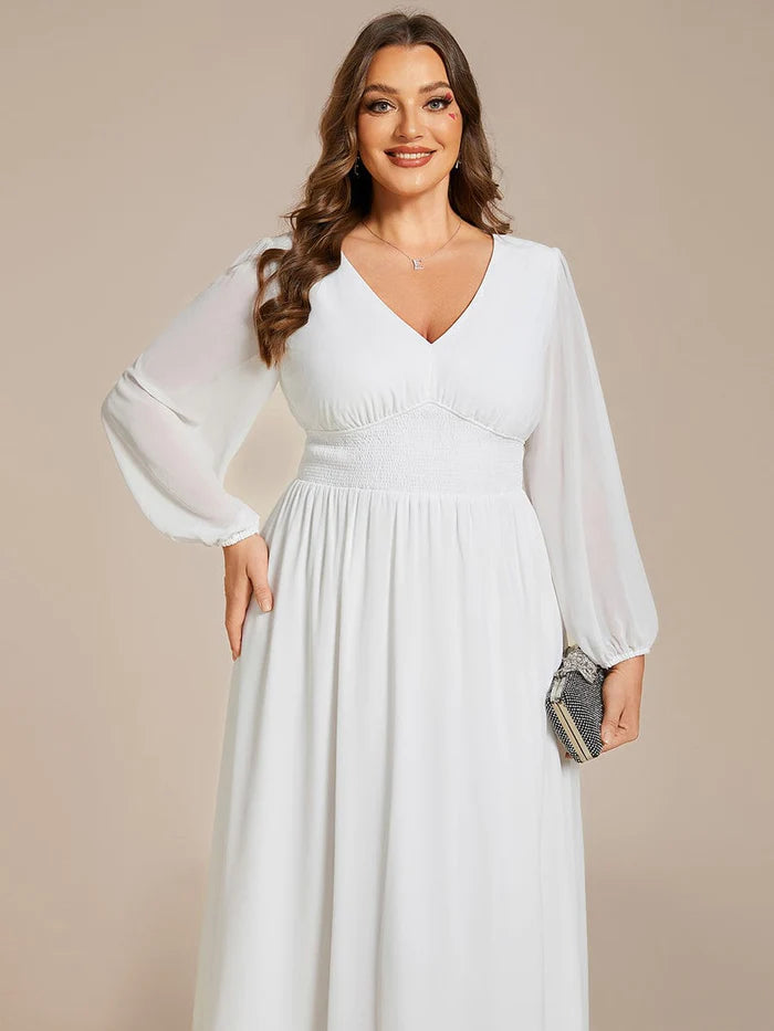 Plus Size Flowy Long Sleeves V-Neck Midi Chiffon Wedding Guest Dress