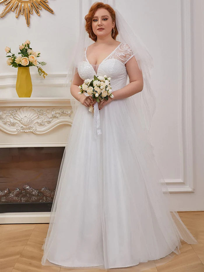 Plus Size Lace Cap Sleeves Casual Applique Outdoor Wedding Dress