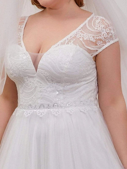 Plus Size Lace Cap Sleeves Casual Applique Outdoor Wedding Dress