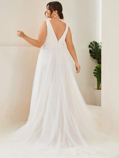 Plus Size Empire Waist Sleeveless Lace Sheer A-Line Wedding Dress