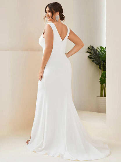 Plus Size Deep V-Neck Sleeveless High Slid Simple Wedding Dress