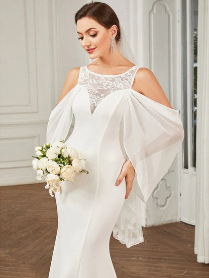 Chiffon Cold Shoulder Draped Sleeve Lace Fishtail Wedding Dress