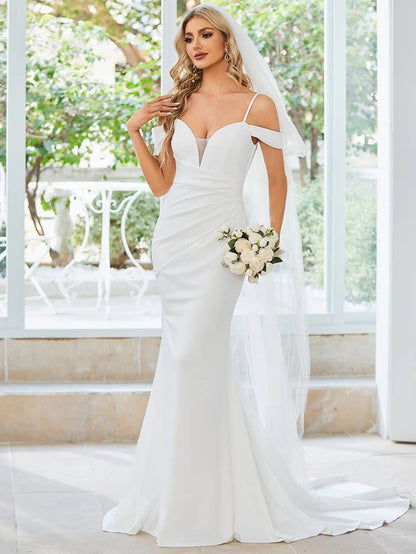 Spaghetti Strap Mermaid Pleated Deep V-Neck Wedding Dress