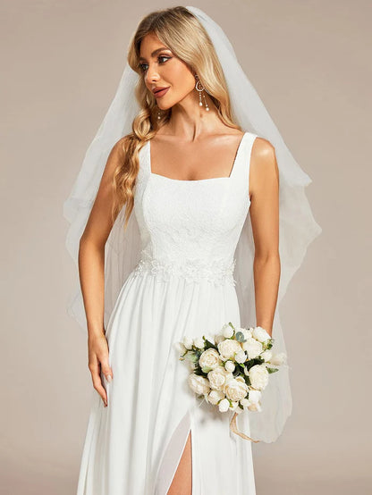 Minimalist Square Neckline High Slit Wedding Dress with Lace Applique