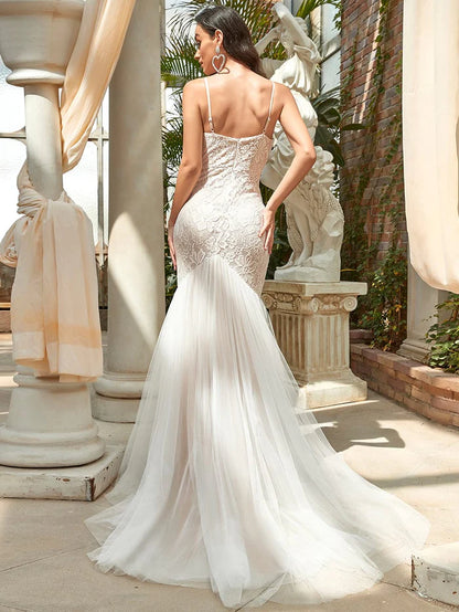 Spaghetti Strap Lace Backless Long Fishtail Wedding Dress