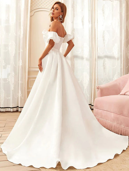 Belted Off-Shoulder Sweetheart Ball Gown Wedding Dress