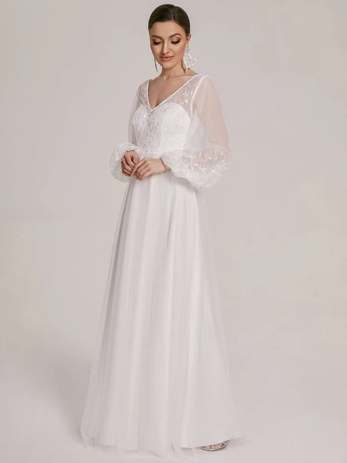 Sheer Floral Puffed Sleeve Sweetheart A-Line Wedding Dress