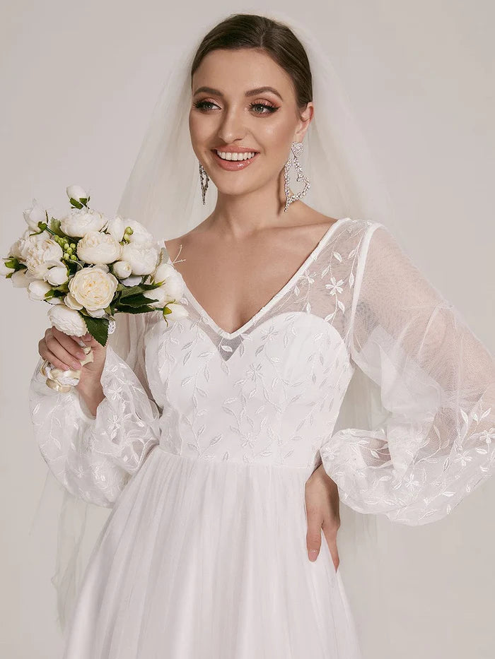 Sheer Floral Puffed Sleeve Sweetheart A-Line Wedding Dress