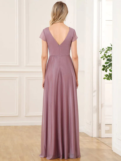 V-Neck Pleated Cap Sleeve Floor Length Mother of the Bride Dress