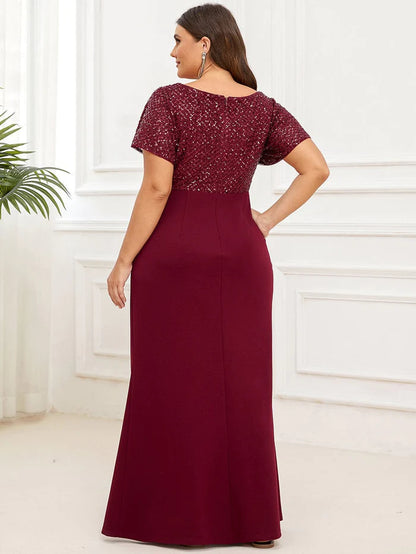 Plus Size Floor-Length Short Sleeve Sequin Mother of the Bride Dress