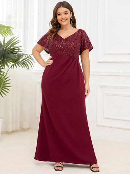 Plus Size Floor-Length Short Sleeve Sequin Mother of the Bride Dress