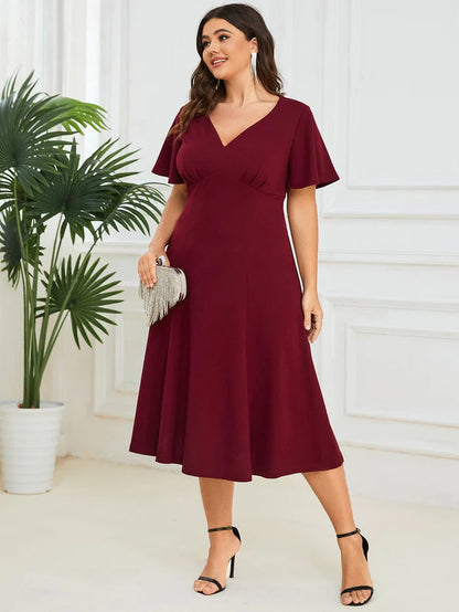 Plus Size Elegant Short Flutter Sleeve Midi Mother of the Bride Dress