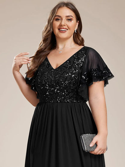 Plus Size V-Neck Short Sleeve Sequin Bodice Mother of the Bride Dress